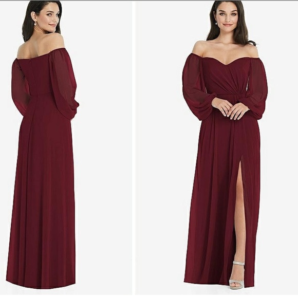 Dessy Collection Off-The-Shoulder Puff Sleeve Maxi Dress Cabernet 24W - Picture 1 of 11
